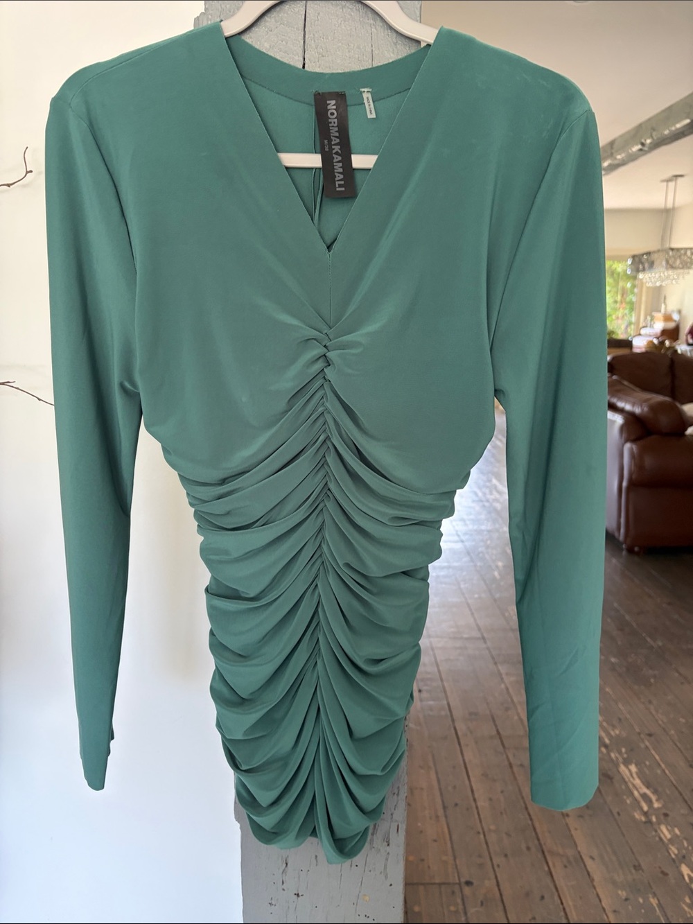 Norma Kamali Teal Ruched V-Neck Long Sleeve Dress